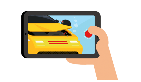 Illustratie: een hand fotografeert de schade aan een wagen met een tablet